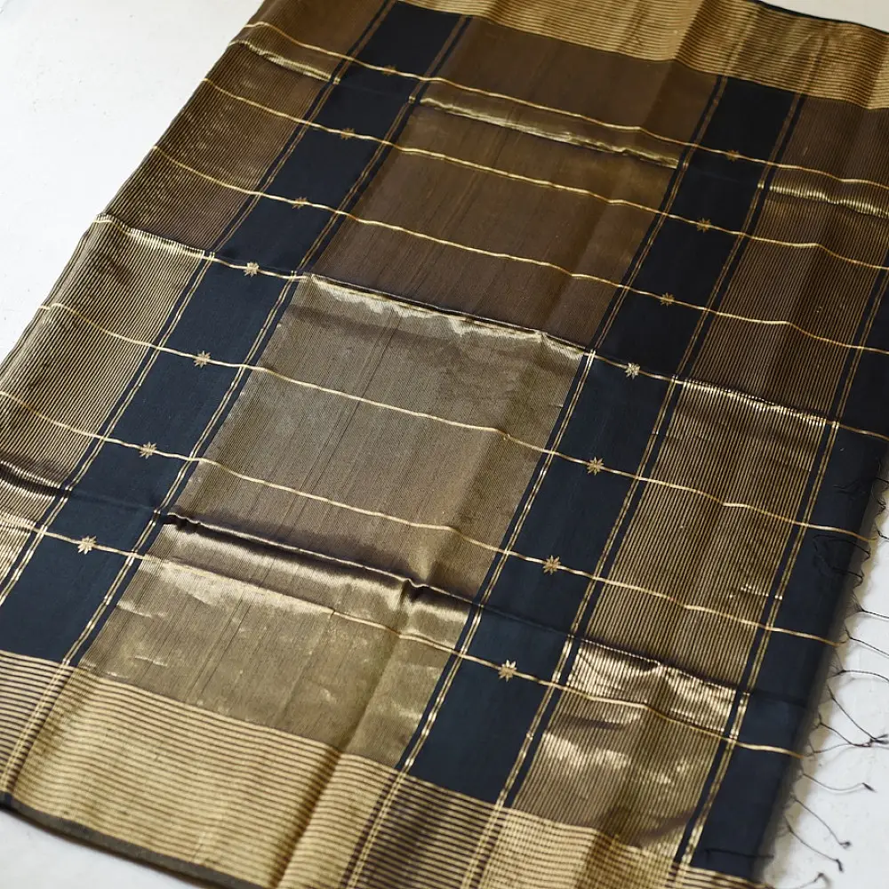 buy Handloom Maheshwari Silk Black Saree ~ Zari Butta