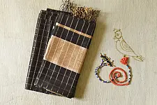 Rekha | Maheshwari Black Dress Material - Zari Checks 