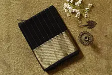 Pavitra . Handloom Maheshwari Silk Saree | Kosa Stripe + Zari | Black