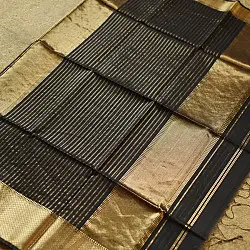 Pavitra . Handloom Maheshwari Silk Saree | Kosa Stripe + Zari | Black