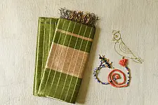 Rekha | Handloom Dress Material - Perrot Green with Zari border