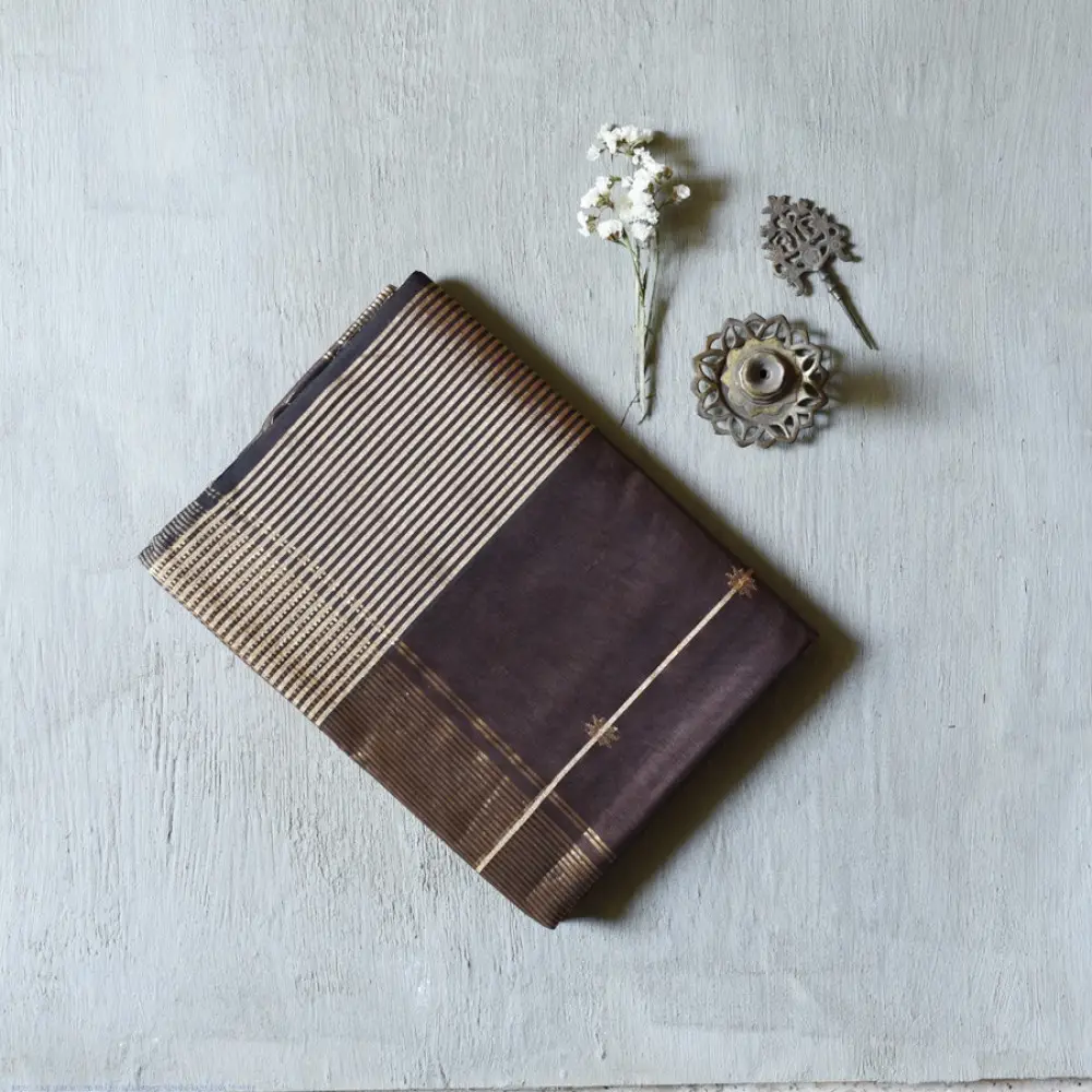 buy Handloom Maheshwari Silk Brown Saree With Zari Stripes