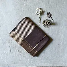 Pavitra . पवित्रा | Handloom Maheshwari Silk Saree | Brown with Zari Stripes