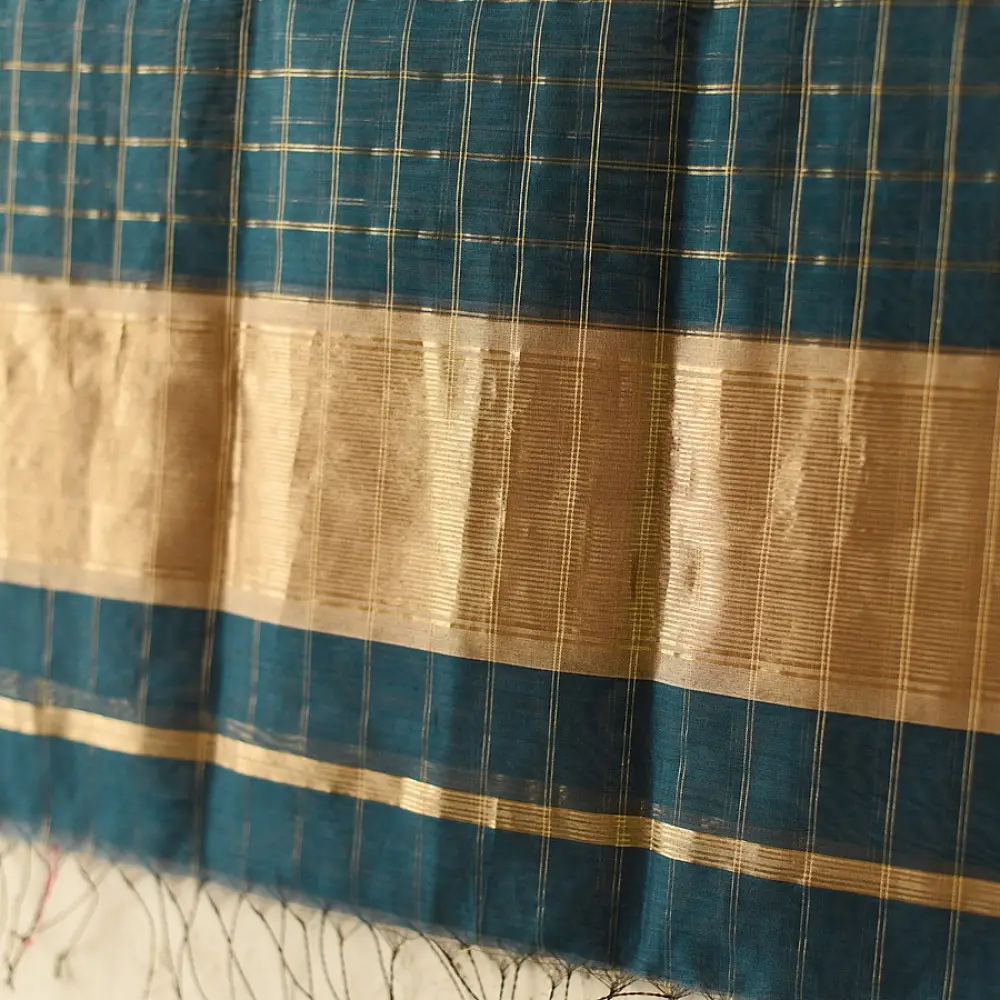 shop Maheshwari Zari Checks Dress Material (Top & Dupatta) - Teal Blue