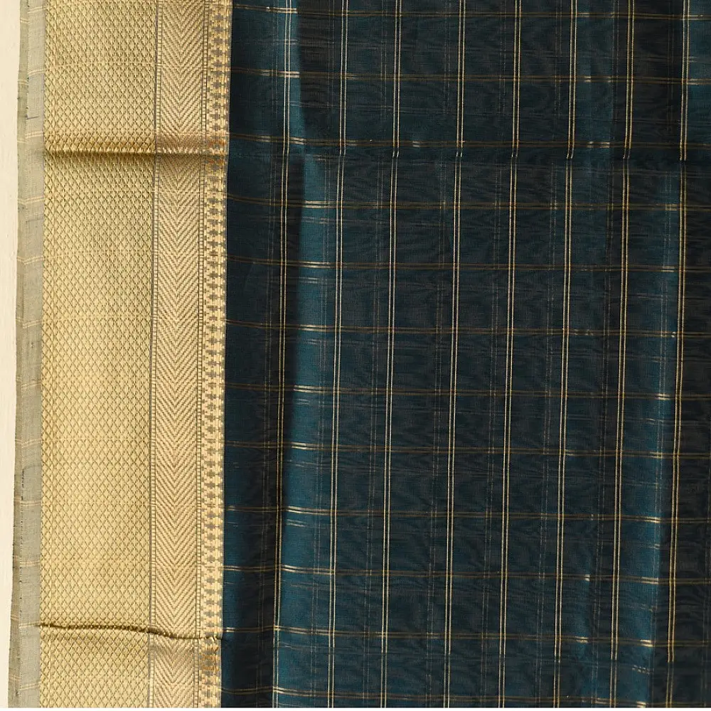 shop Maheshwari Zari Checks Dress Material (Top & Dupatta) - Teal Blue