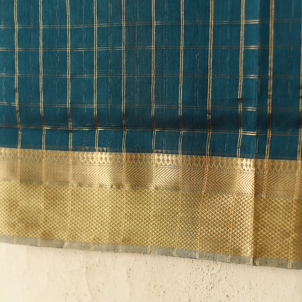 shop Maheshwari Zari Checks Dress Material (Top & Dupatta) - Teal Blue