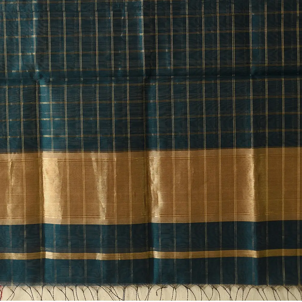 shop Maheshwari Zari Checks Dress Material (Top & Dupatta) - Teal Blue
