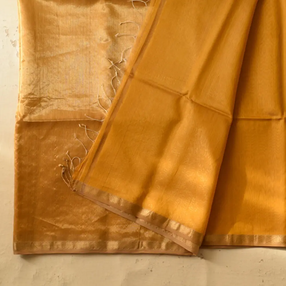 Yellow with golden zari Maheshwari Silk Saree 