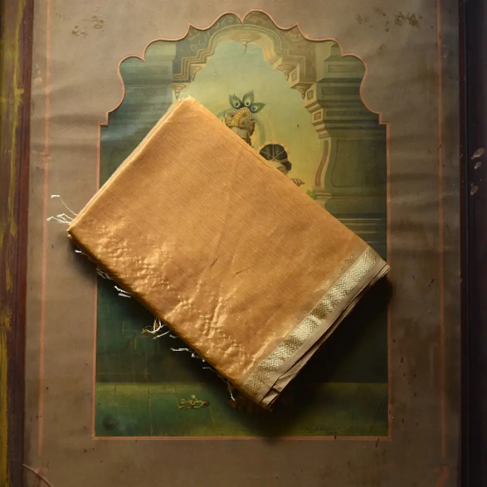 Yellow with golden zari Maheshwari Silk Saree 