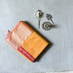 Pavitra . पवित्रा | Handloom Maheshwari Silk Yellow Saree With Zari Border