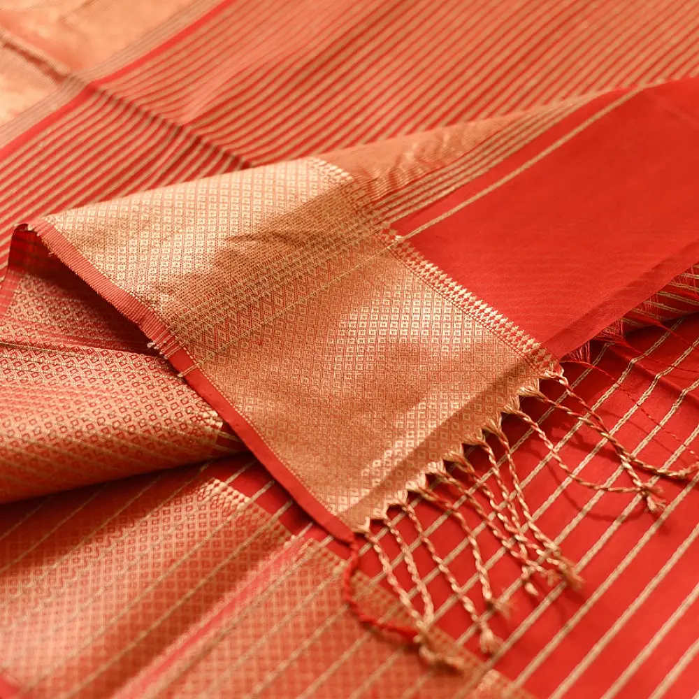 Black Handloom Maheshwari Silk Red Saree With Golden Zari Stripes