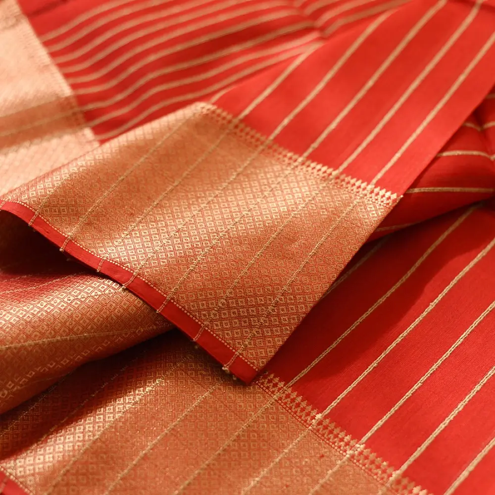 Black Handloom Maheshwari Silk Red Saree With Golden Zari Stripes