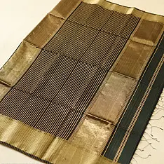 Pavitra . पवित्रा | Handloom Maheshwari Silk / Dark Green Saree ~ Zari Stripes