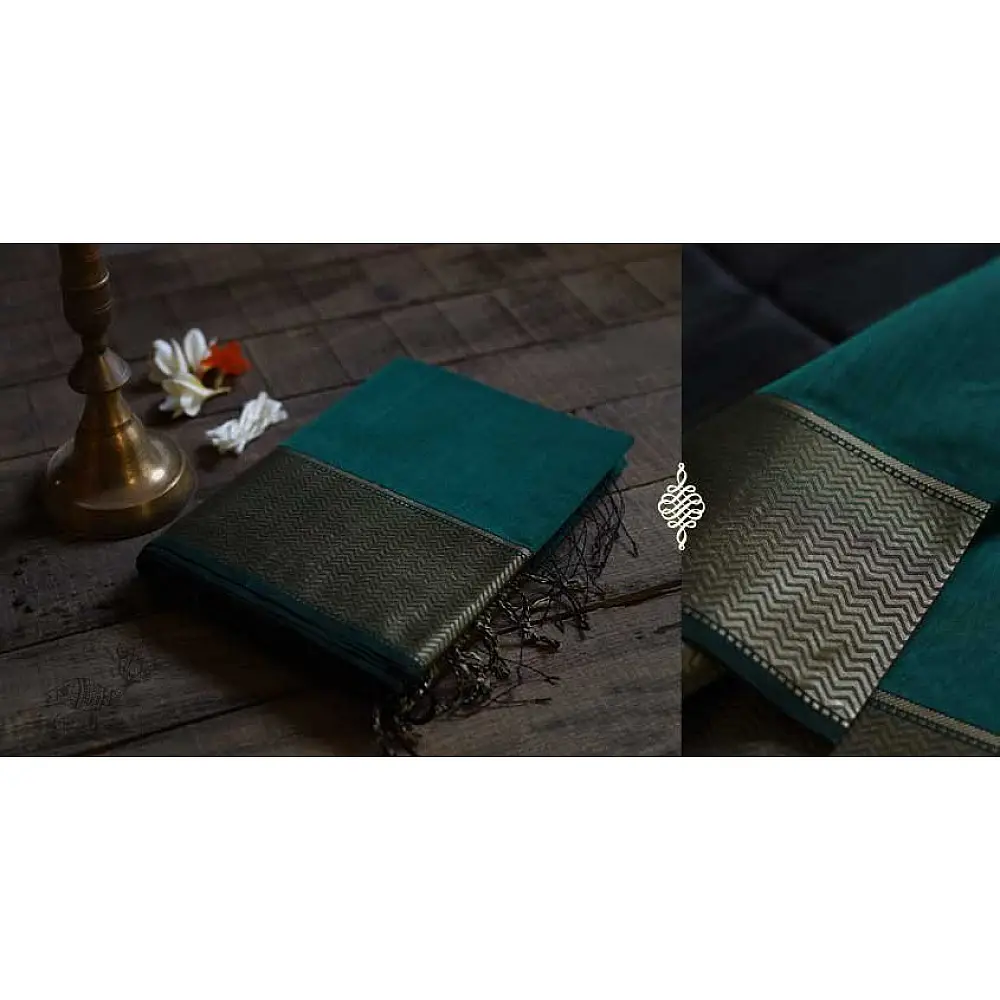 maheshwari handwoven silk dark green saree with golden border