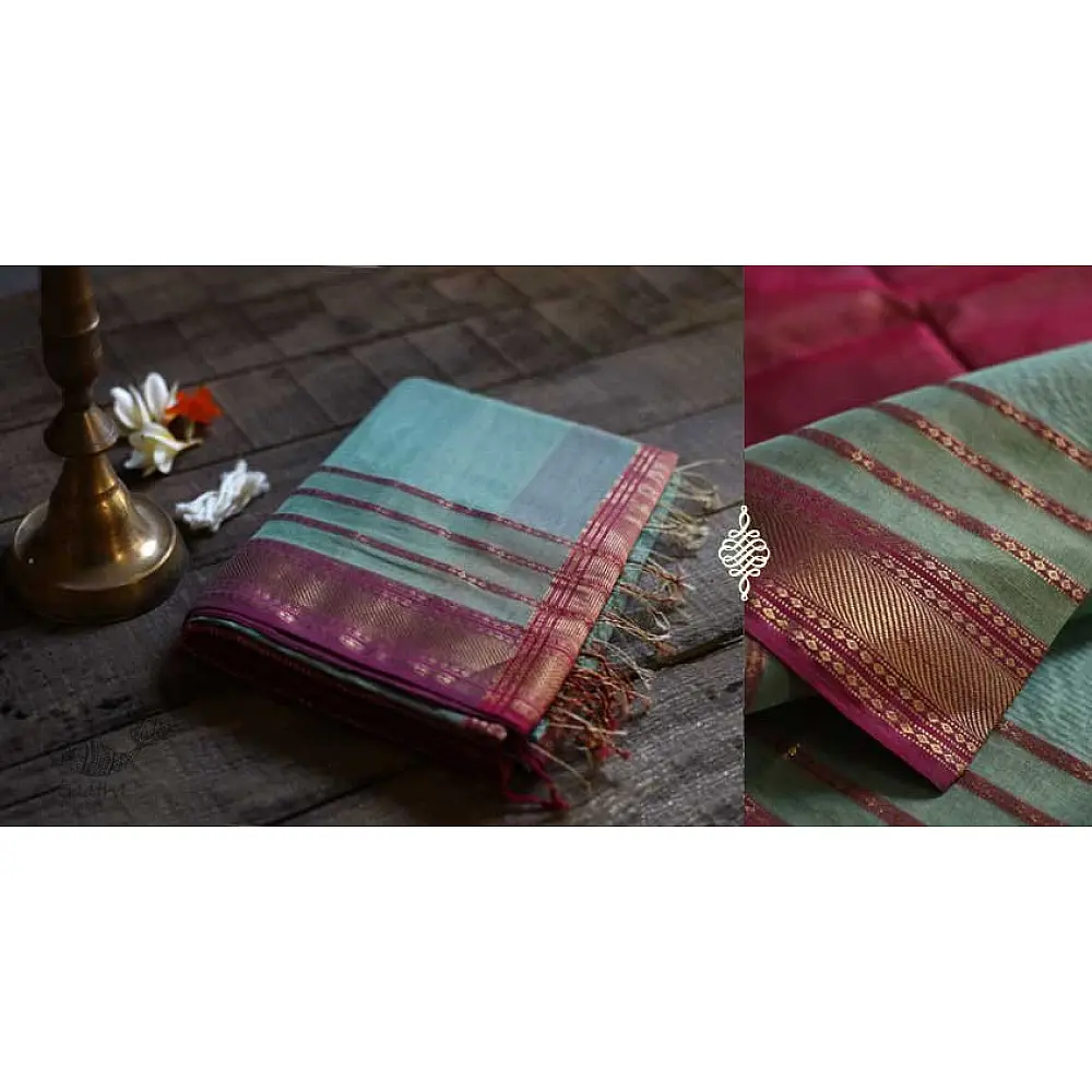 maheshwari handwoven silk sea green saree with pink pallu