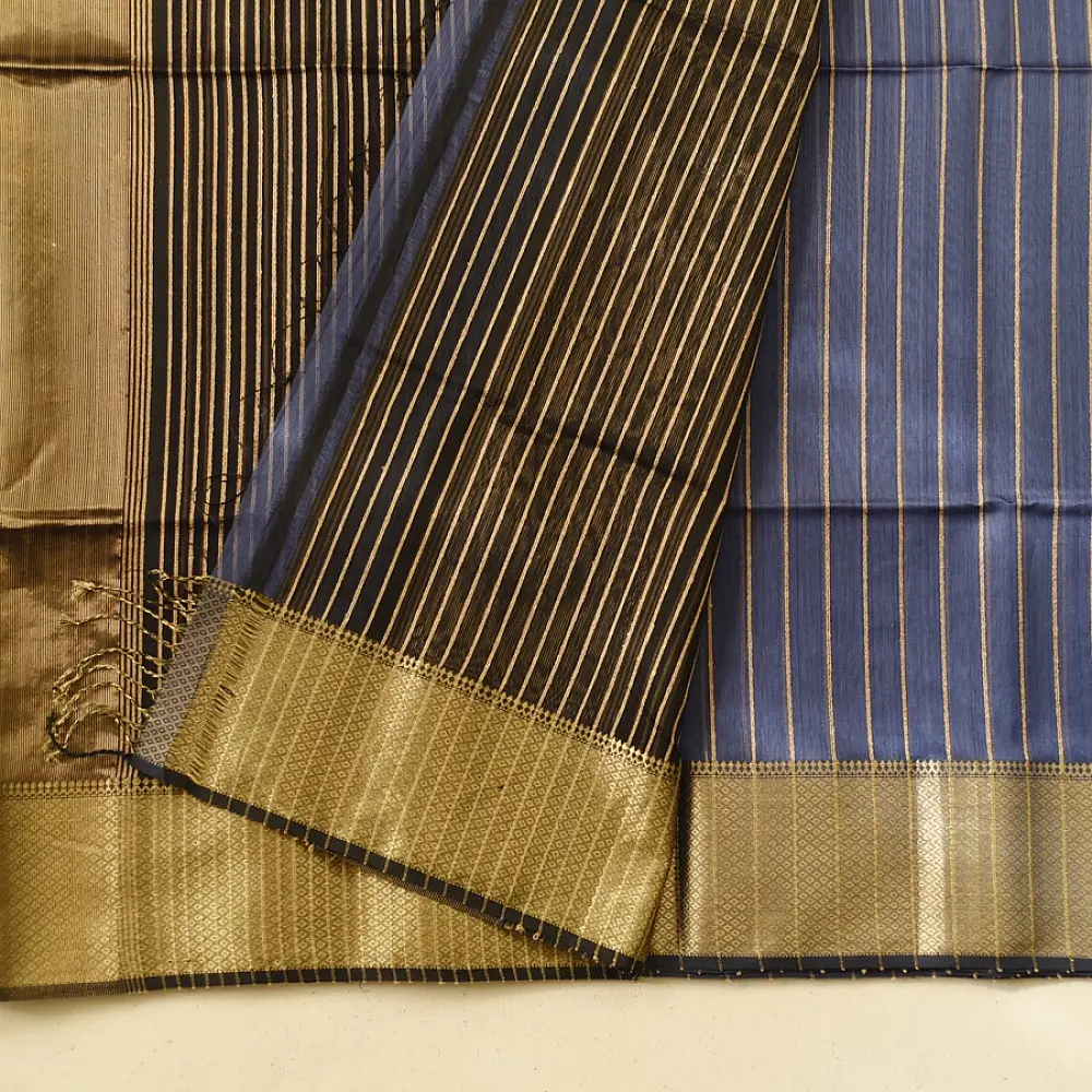 buy Handloom Maheshwari Silk - Zari Stripe in Grey Saree