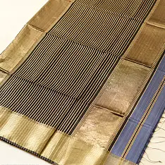 Pavitra . पवित्रा | Handloom Maheshwari Silk - Zari Stripe in Grey Saree