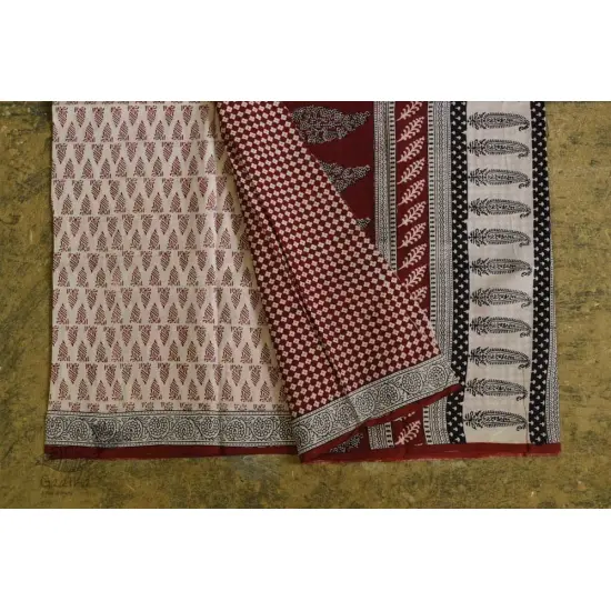 Hand Block Bagh Printed Pure Cotton saree With Red Pallu