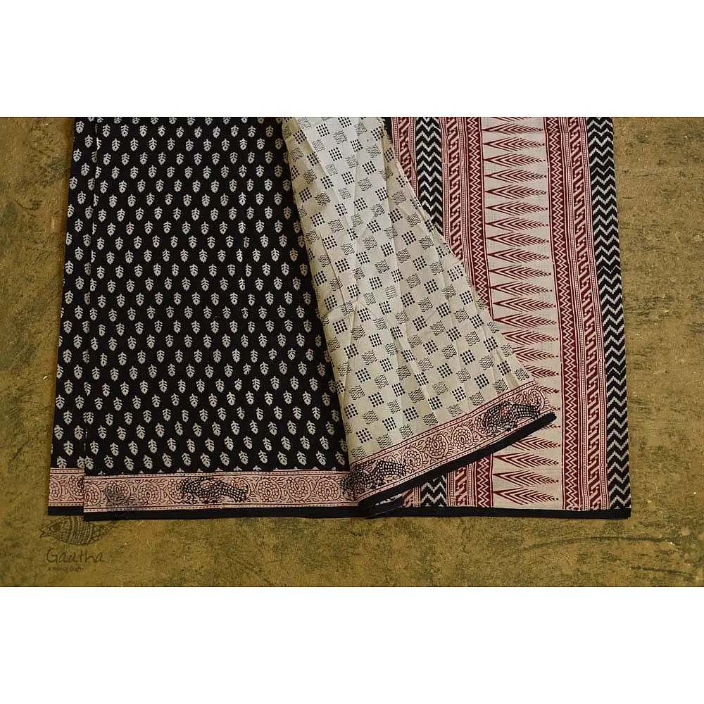 Hand Block Bagh Printed Pure Cotton Black saree