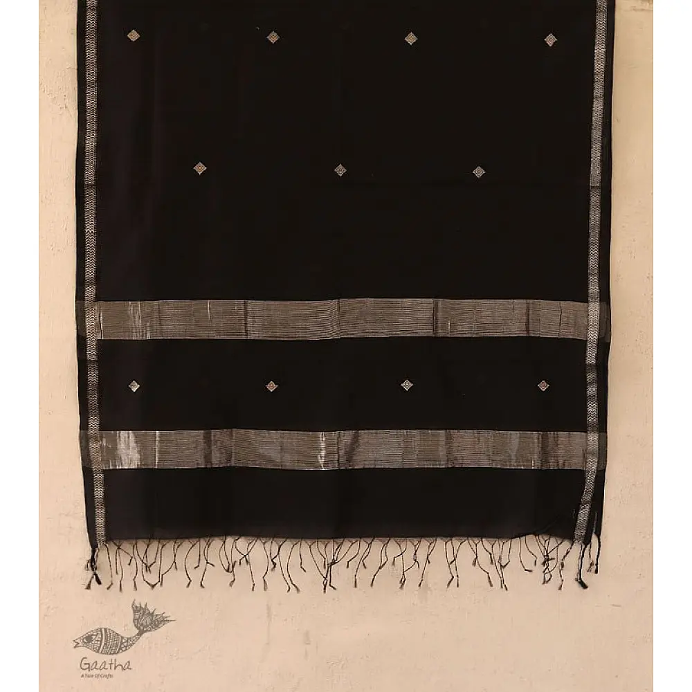 Maheshwari Black stole with Silver Zari Buti 