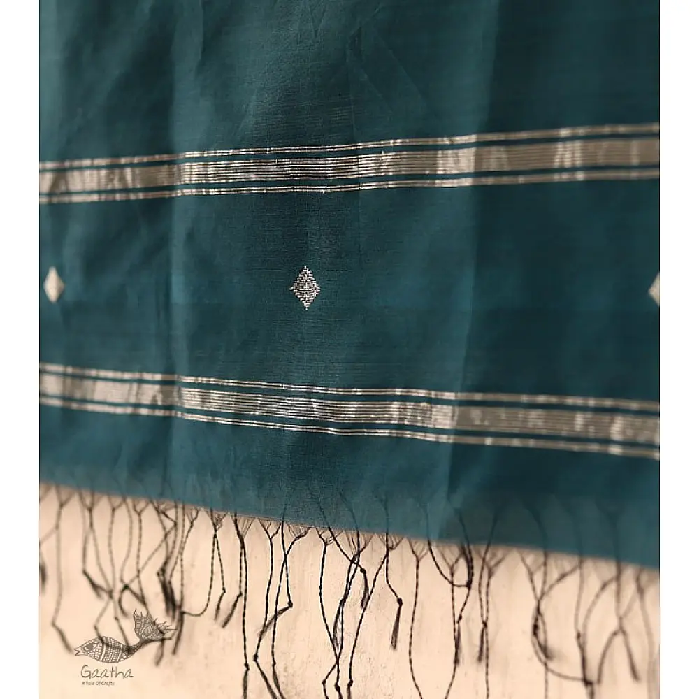 Maheshwari - Deep Green with Silver Zari Buti Stole 
