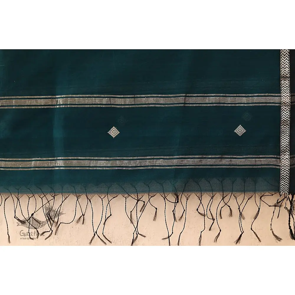 Maheshwari - Deep Green with Silver Zari Buti Stole 