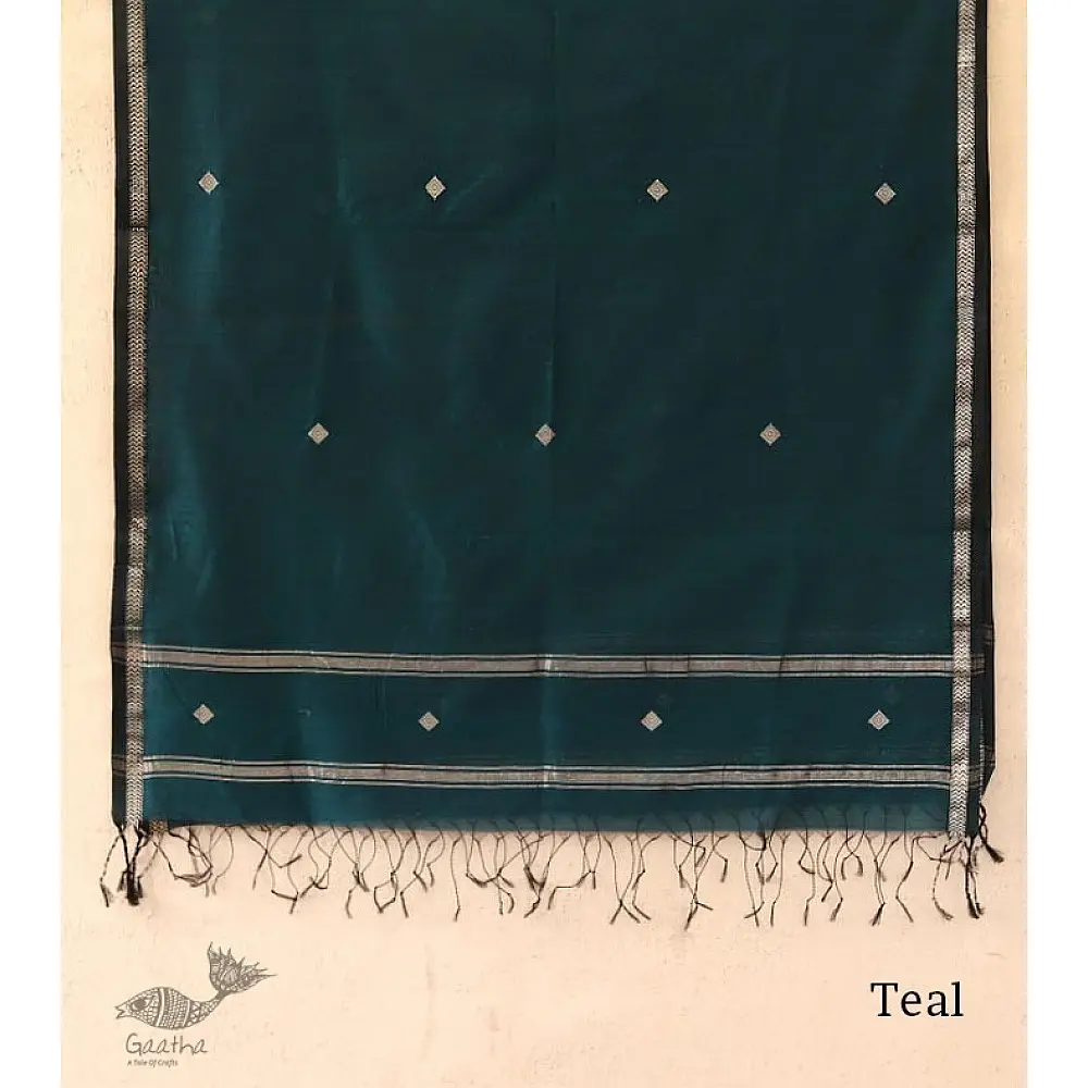 Maheshwari - Deep Green with Silver Zari Buti Stole 