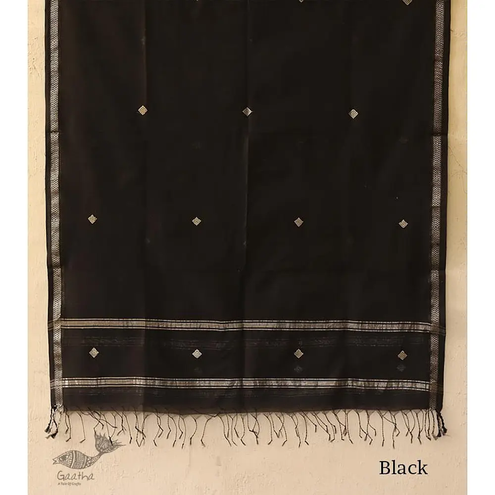 Maheshwari - Deep Green with Silver Zari Buti Stole 
