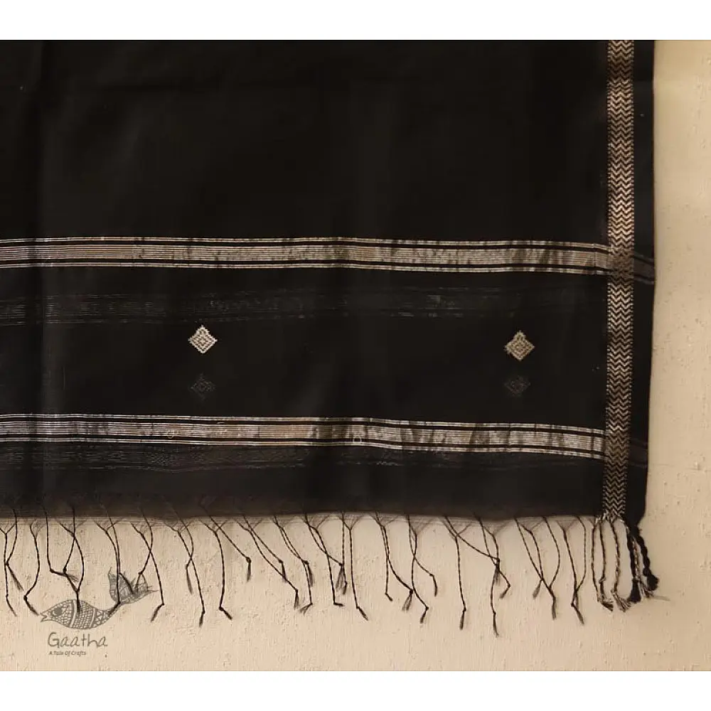 Maheshwari - Deep Green with Silver Zari Buti Stole 