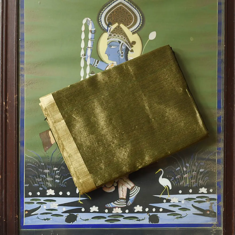 buy Handloom Maheshwari Silk Green Saree - Half-Half Golden Zari Weaving