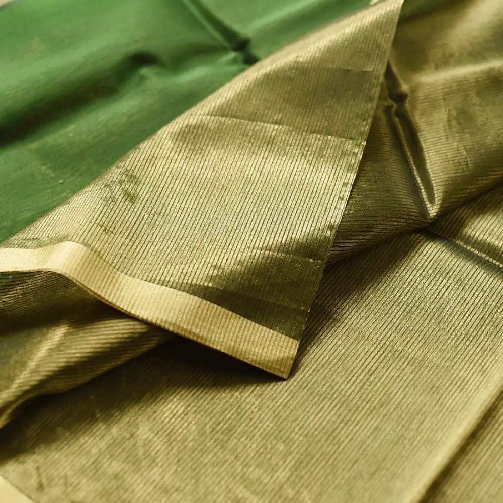 buy Handloom Maheshwari Silk Green Saree - Half-Half Golden Zari Weaving