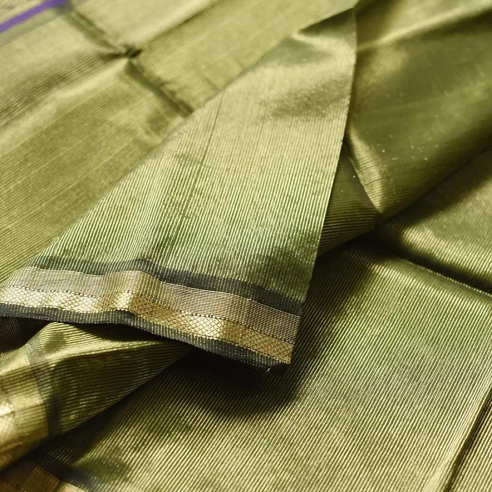 buy Handloom Maheshwari Silk Mehndi Green Saree - Half-Half Golden Zari Weaving 