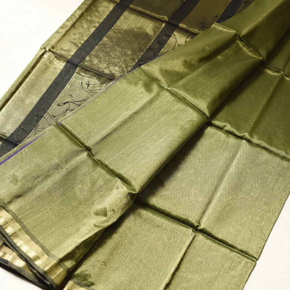 buy Handloom Maheshwari Silk Mehndi Green Saree - Half-Half Golden Zari Weaving 
