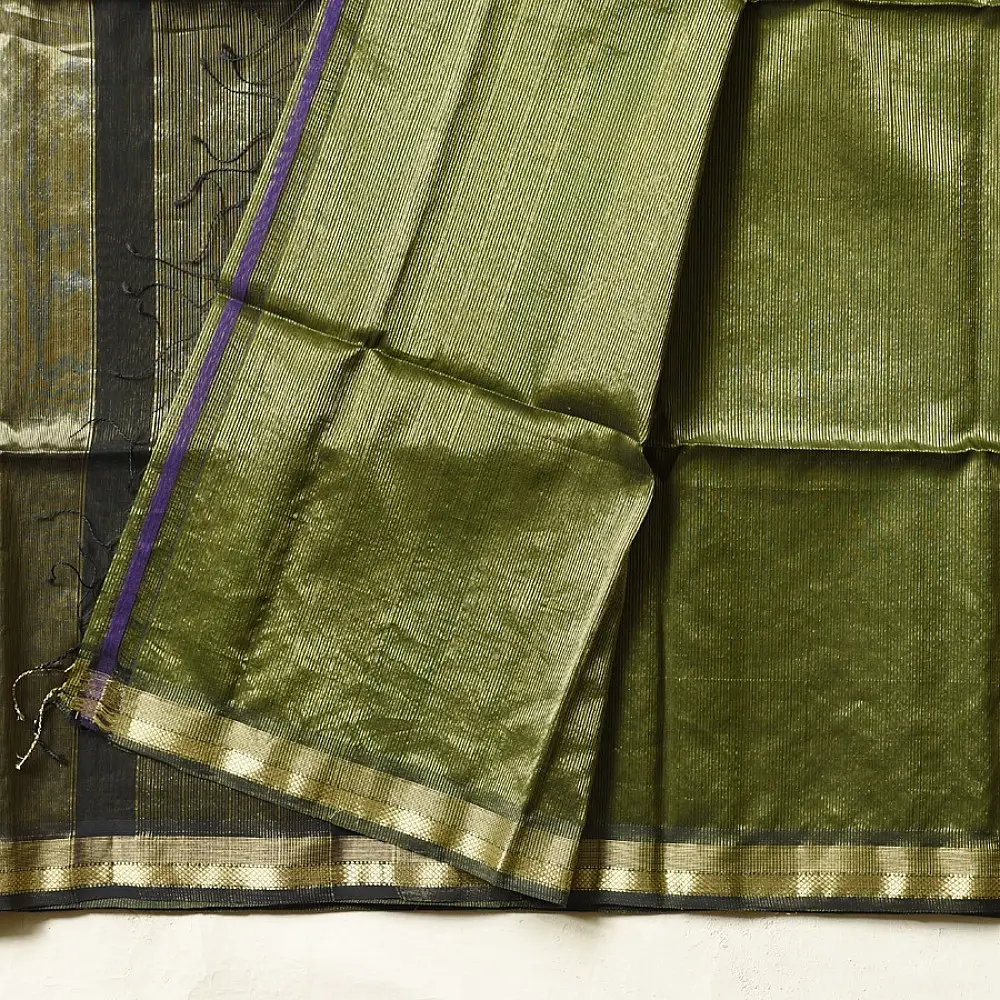 buy Handloom Maheshwari Silk Mehndi Green Saree - Half-Half Golden Zari Weaving 