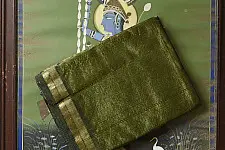 Colors of Devotion | Handloom Maheshwari Silk Mehndi Green Saree - Half-Half Golden Zari Weaving 