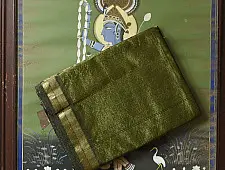 Colors of Devotion | Handloom Maheshwari Silk Mehndi Green Saree - Half-Half Golden Zari Weaving 