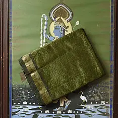 Colors of Devotion | Handloom Maheshwari Silk Mehndi Green Saree - Half-Half Golden Zari Weaving 