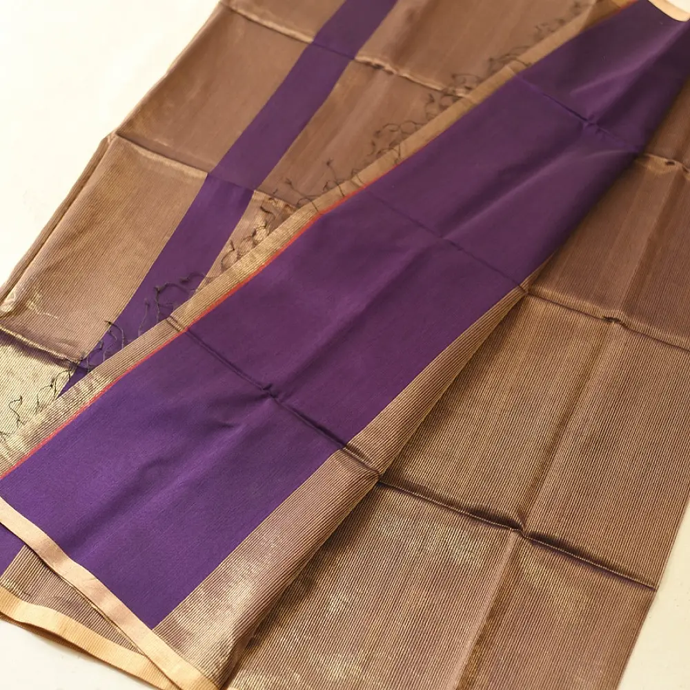 buy Handloom Maheshwari Silk Purple Saree - Half-Half Golden Zari Weaving