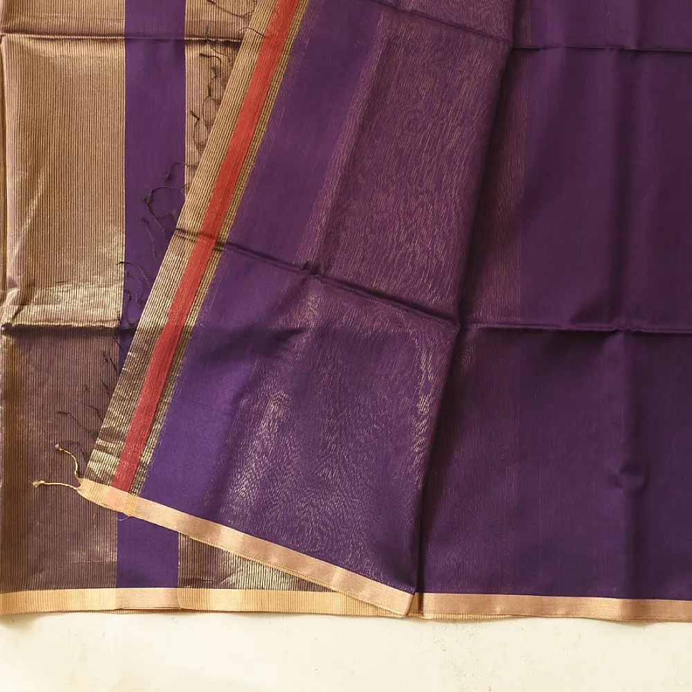 buy Handloom Maheshwari Silk Purple Saree - Half-Half Golden Zari Weaving