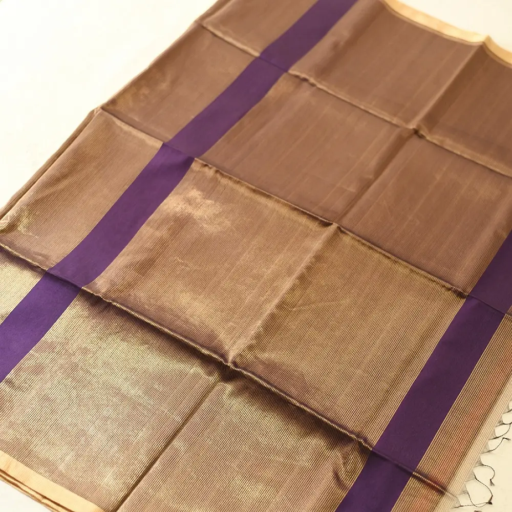 buy Handloom Maheshwari Silk Purple Saree - Half-Half Golden Zari Weaving