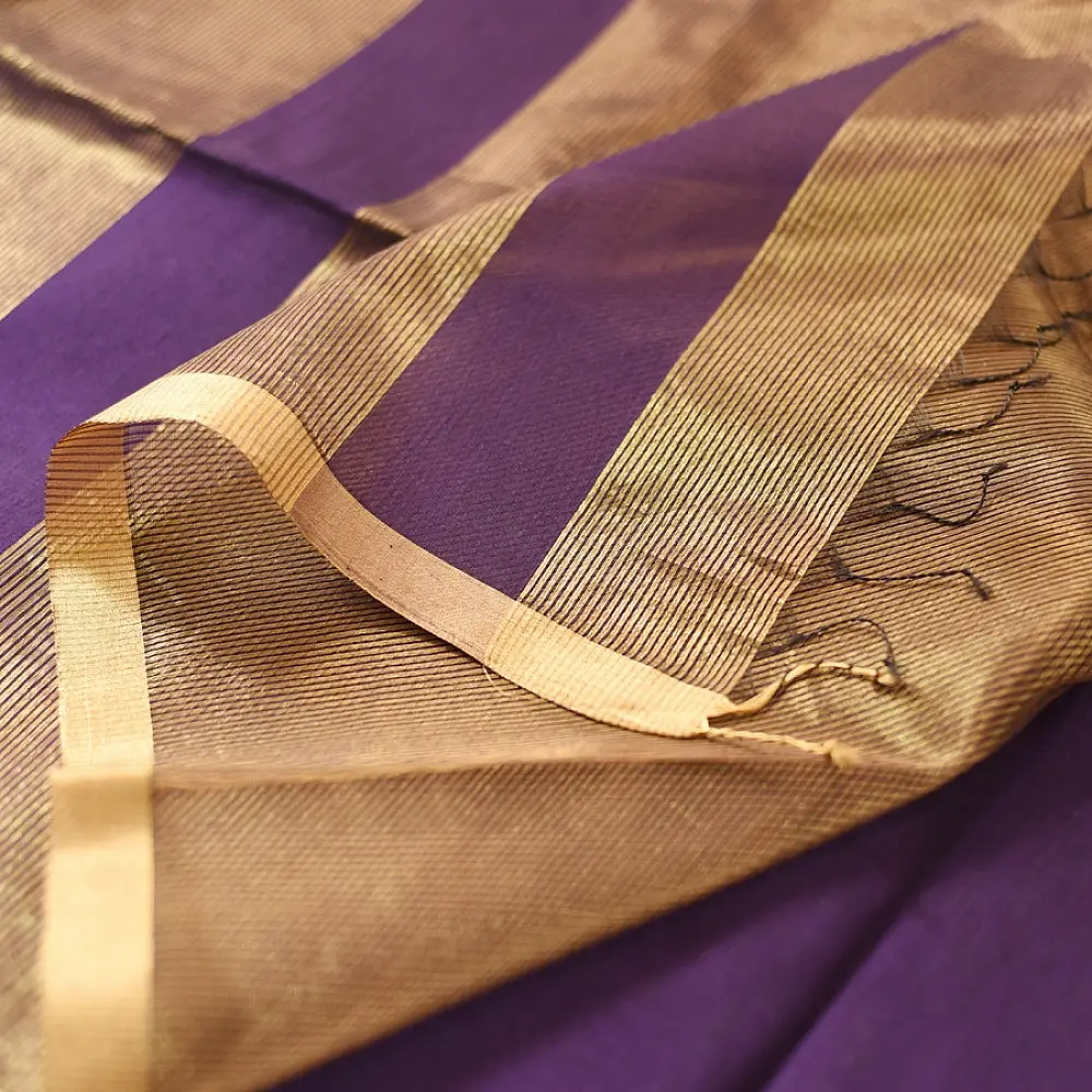 buy Handloom Maheshwari Silk Purple Saree - Half-Half Golden Zari Weaving