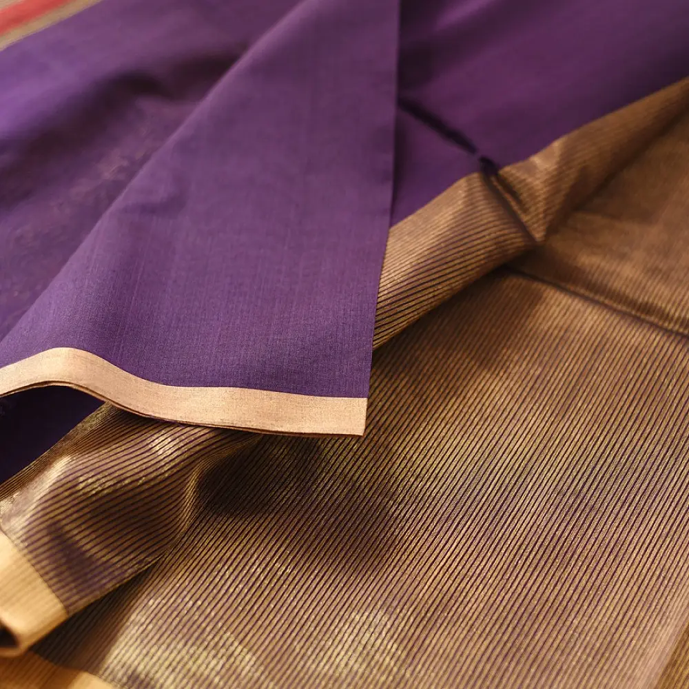 buy Handloom Maheshwari Silk Purple Saree - Half-Half Golden Zari Weaving