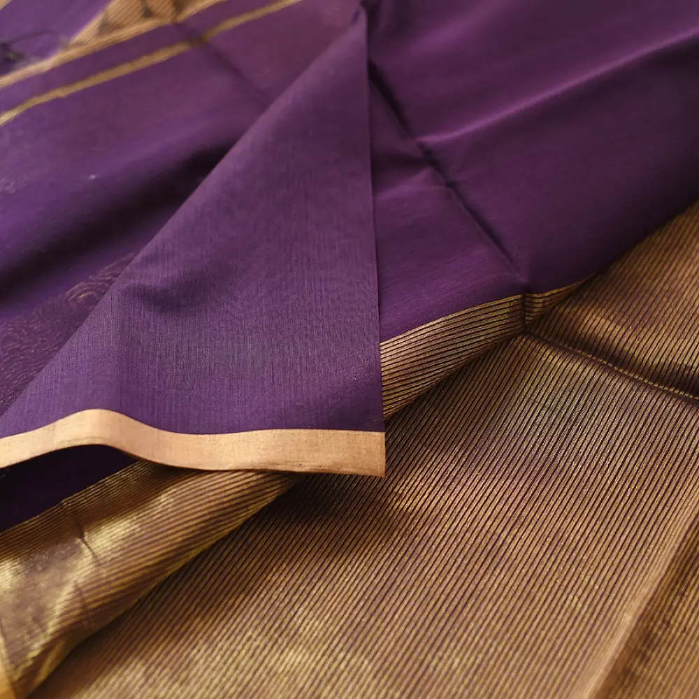 buy Handloom Maheshwari Silk Violet Saree - Half-Half Golden Zari Weaving