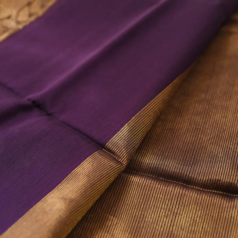 buy Handloom Maheshwari Silk Violet Saree - Half-Half Golden Zari Weaving