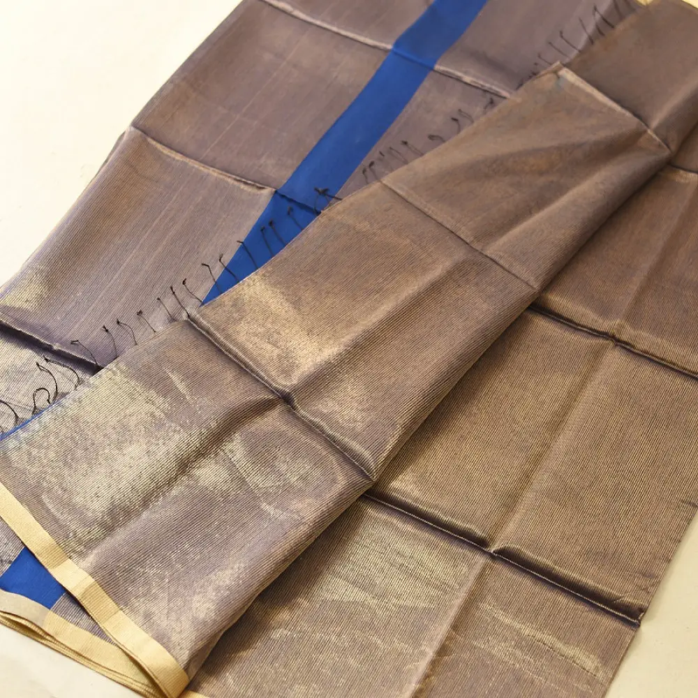 buy Handloom Maheshwari Silk blue Saree - Half-Half Golden Zari Weaving