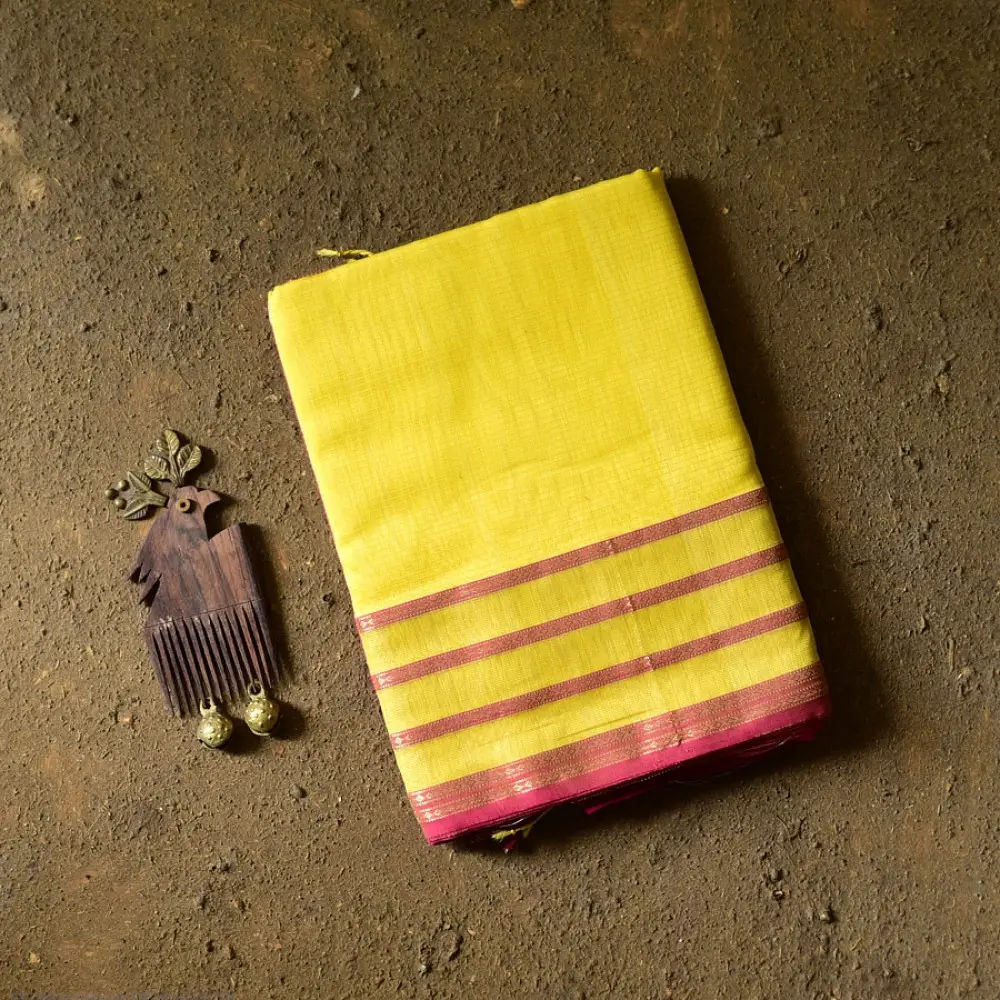 buy Handloom Maheshwari Yellow Silk Saree With Pink Pallu