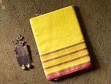 Pavitra . पवित्रा | Handloom Maheshwari Yellow Silk Saree With Pink Pallu