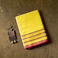 Pavitra . पवित्रा | Handloom Maheshwari Yellow Silk Saree With Pink Pallu