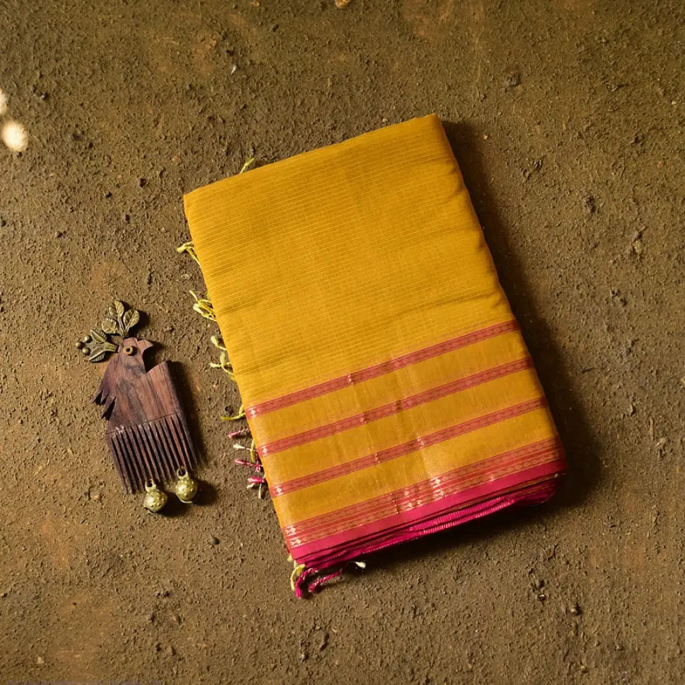 buy Handloom Maheshwari Self Stripe Saree - Yellow