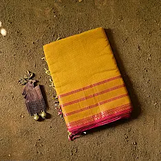 Pavitra . पवित्रा | Handloom Maheshwari Self Stripe Saree - Yellow